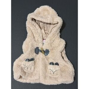 Little Lass Baby Girls Hooded Faux Fur Vest Tan Teddy Bear Pockets 0 3M